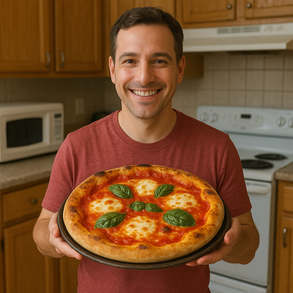 Carlos con pizza perfecta y sonrisa - Después del curso
